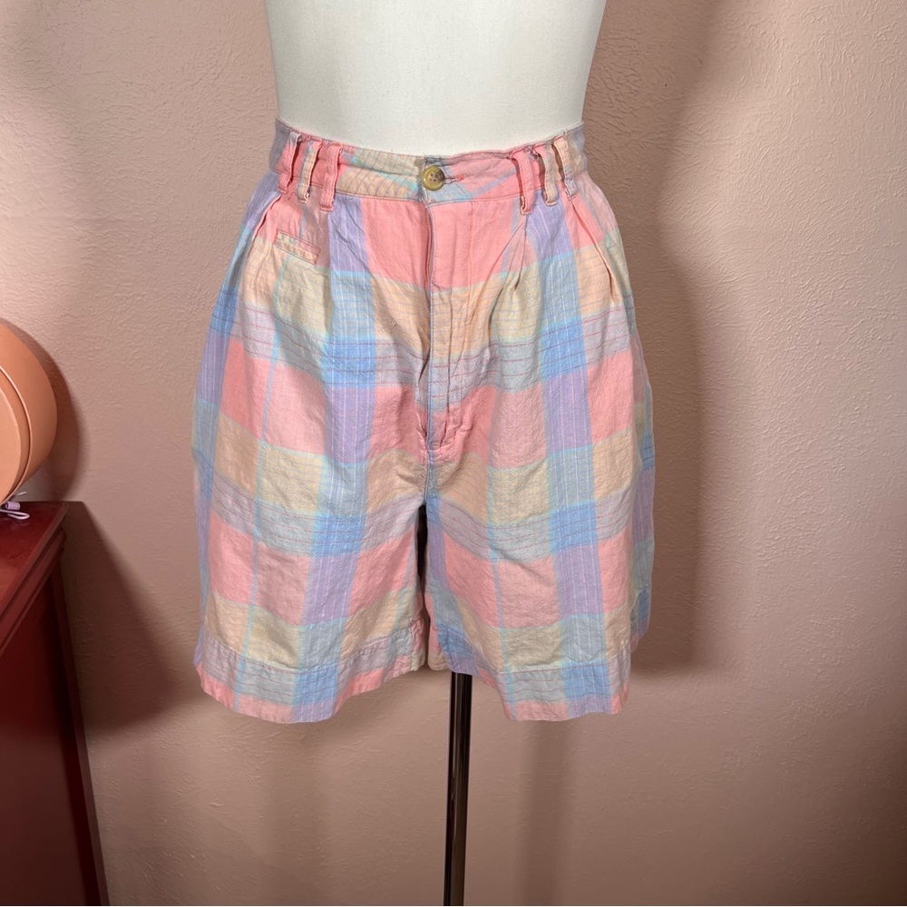 Vintage 80 90 Snazz peach blue preppy Plaid high Waist Bermuda Shorts - Picture 17 of 17